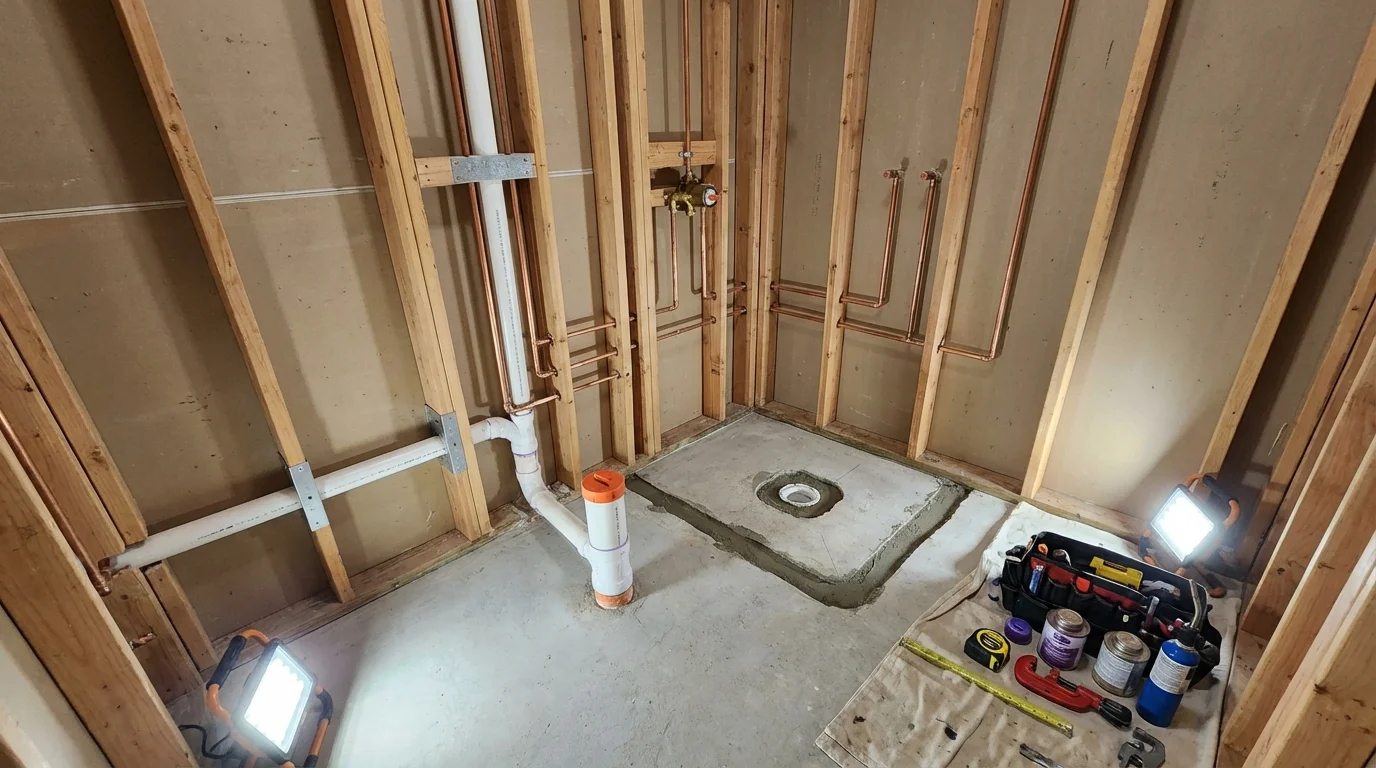 Bathroom rough-in plumbing during remodel by Johns Plumbing LLC in Jemez Pueblo