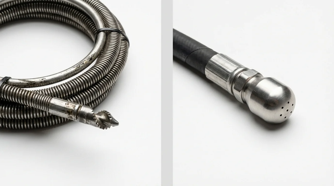Drain snake cable and hydro jetting nozzle used for drain cleaning in Jemez Pueblo, NM