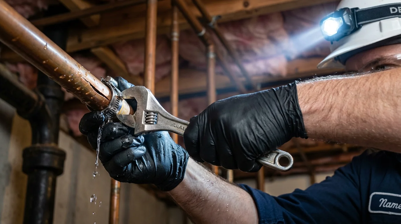 Emergency pipe clamp repair being performed by a Johns Plumbing LLC plumber in Jemez Pueblo
