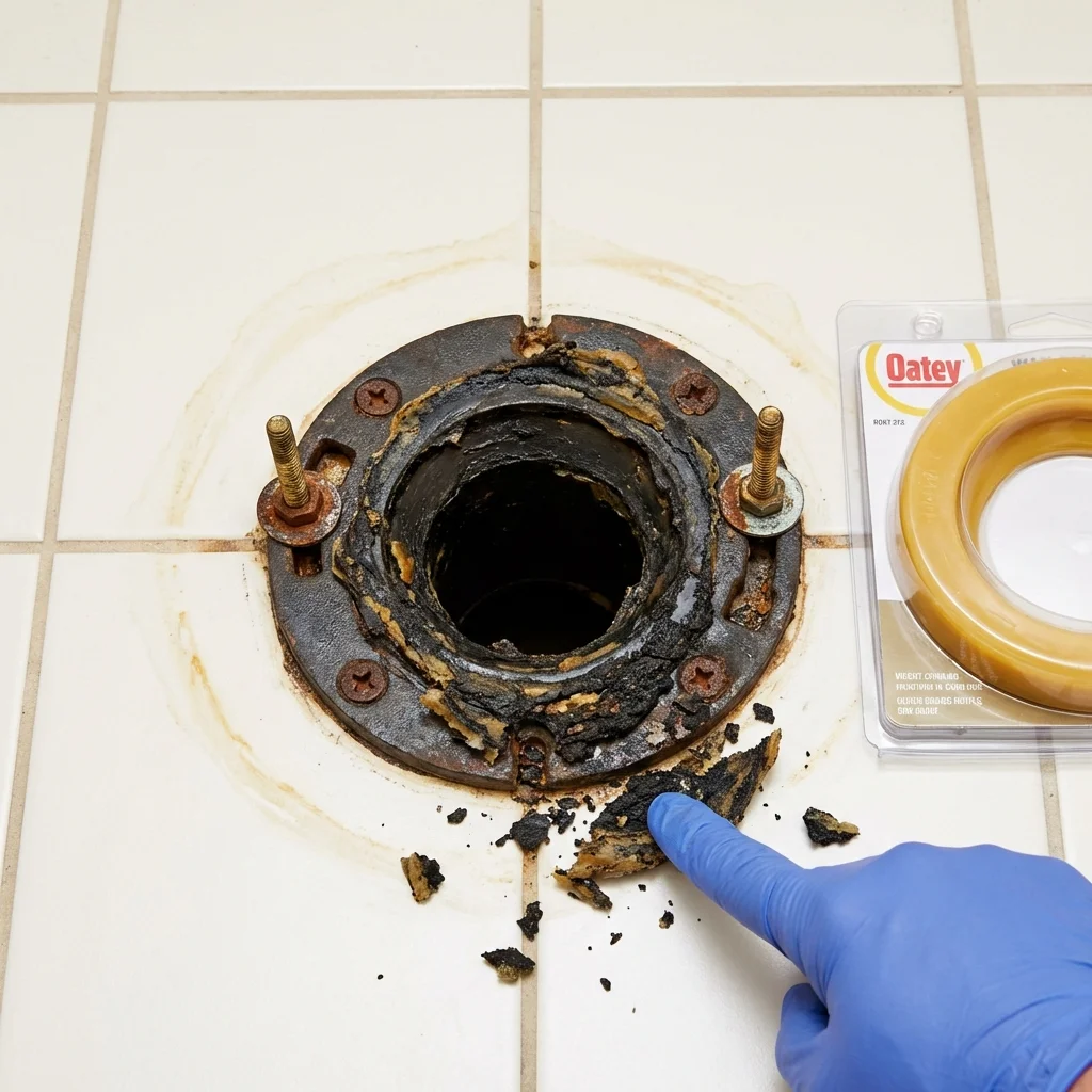 Failed wax ring showing water seepage at the base of a toilet in a Jemez Pueblo, NM home