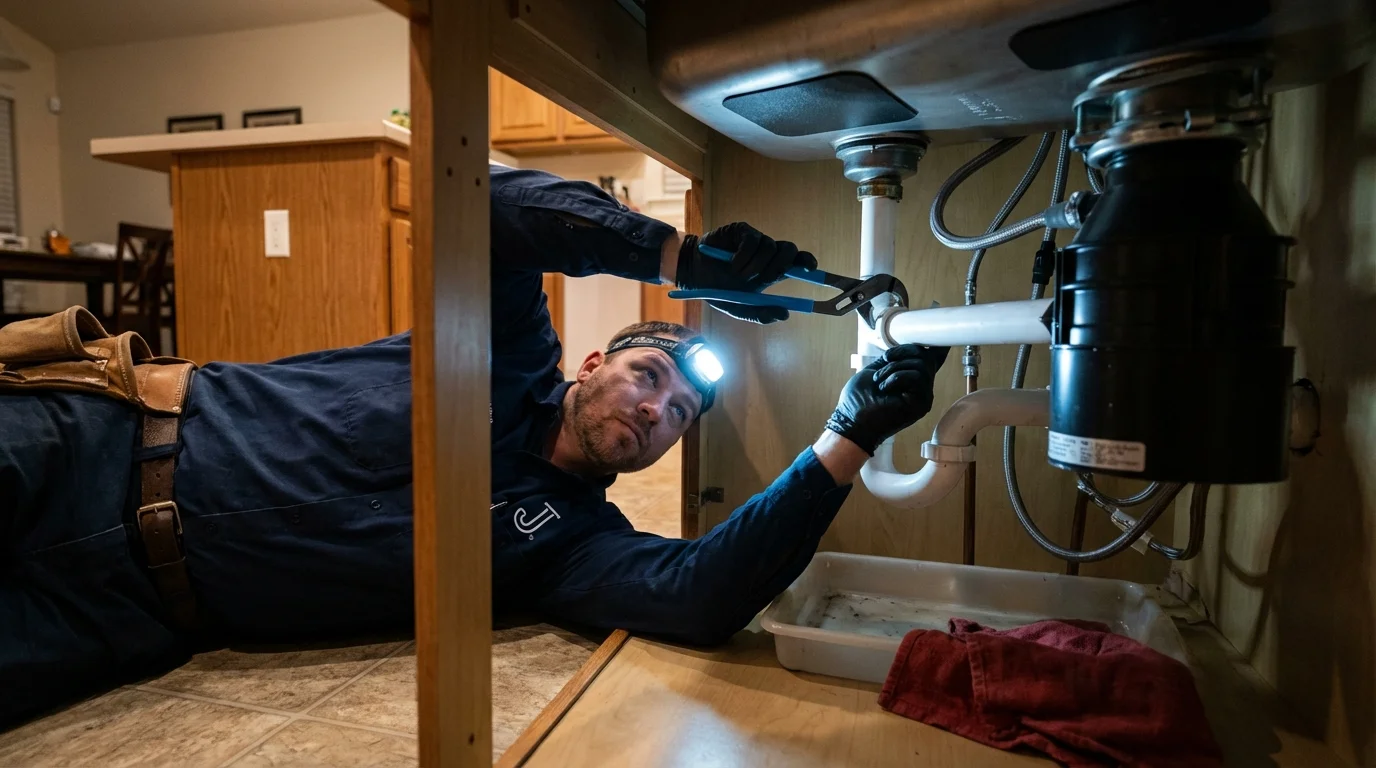 P-trap and supply line connections under a kitchen sink showing a common leak point in Jemez Pueblo, NM